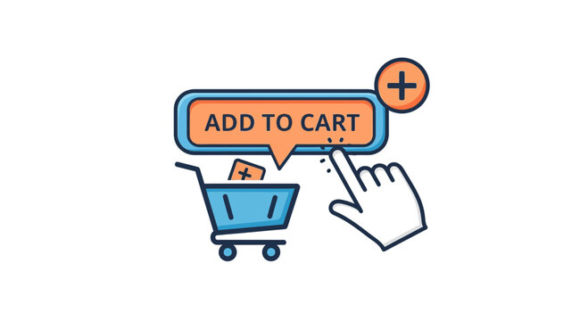 Hand clicking 'Add to Cart' button with shopping cart icon, representing online shopping and ecommerce actions.