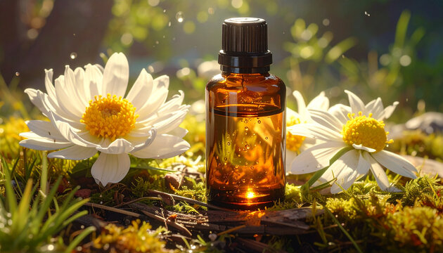 Essential oil bottle and chamomile flowers in natural setting