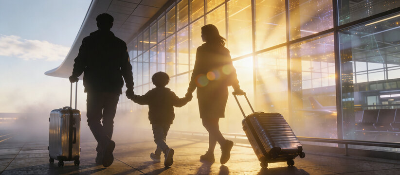Cinematic 21:9 banner of family silhouettes with luggage in airport terminal. Morning mist and tyndall effect through glass. Warm yellow tone. For airline promotion. 8K, realistic render, clean space.