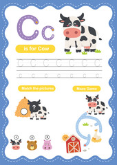 Alphabet Letter C Tracing Worksheet for Kids, Preschool and Kindergarten Handwriting Practice, C is for Cow ABC Learning Printable © Jehsomwang