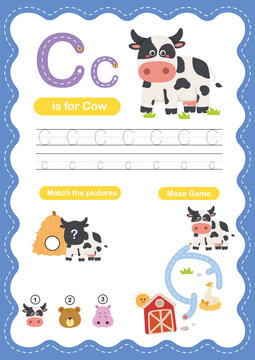 Alphabet Letter C Tracing Worksheet for Kids, Preschool and Kindergarten Handwriting Practice, C is for Cow ABC Learning Printable