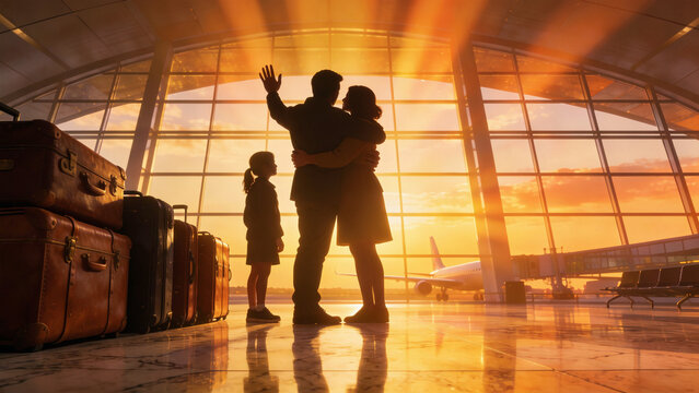 Emotional airport terminal scene with family silhouettes hugging goodbye during golden hour sunset. Warm orange light with Tyndall effect on polished marble floor. For marketing. UE5 render 8K.