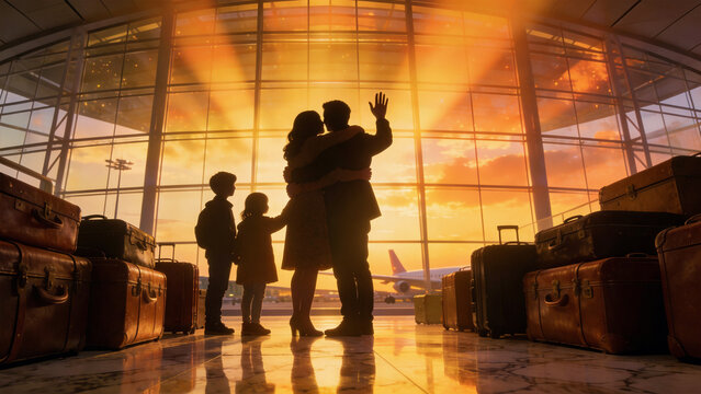 Emotional airport terminal scene with family silhouettes hugging goodbye during golden hour sunset. Warm orange light with Tyndall effect on polished marble floor. For marketing. UE5 render 8K.