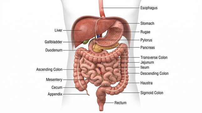 Comprehensive Anatomical Illustration Of The Human Digestive System Featuring Labeled Internal Organs And GI Tract Structures