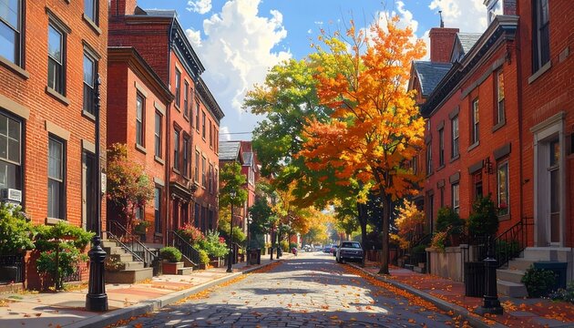 Autumnal Charm: A Picturesque Street Scene with Vibrant Foliage and Brick Townhouses