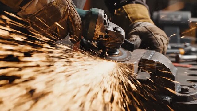 A skilled craftsperson uses an angle grinder to shape metal, creating a shower of bright sparks in a workshop setting