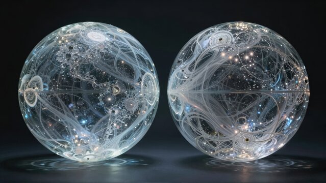 Glass orbs with intricate designs, illuminated by stars