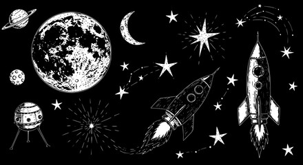 Hand-Drawn Space Elements: Rocket Ships, Planets, Moon, and Stars on Black Background © naila