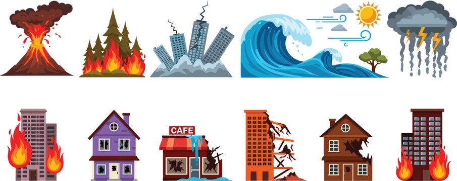 Natural Disaster Icon Set Featuring Volcano Eruption, Wildfire, Earthquake, Tsunami Wave, Storm Lightning, Flooded Buildings and Damaged Houses Illustration Collection
