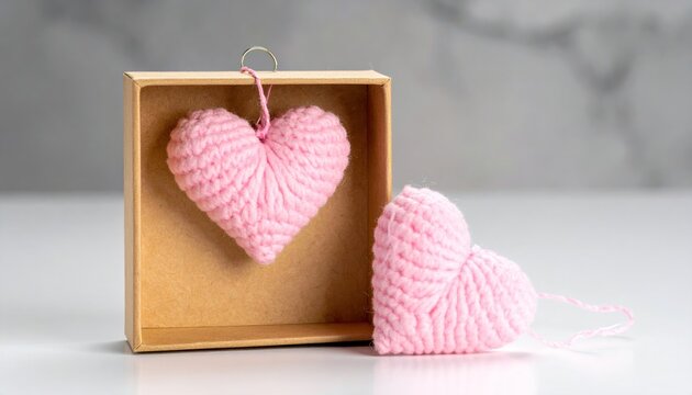 Pink crocheted heart ornaments in box.