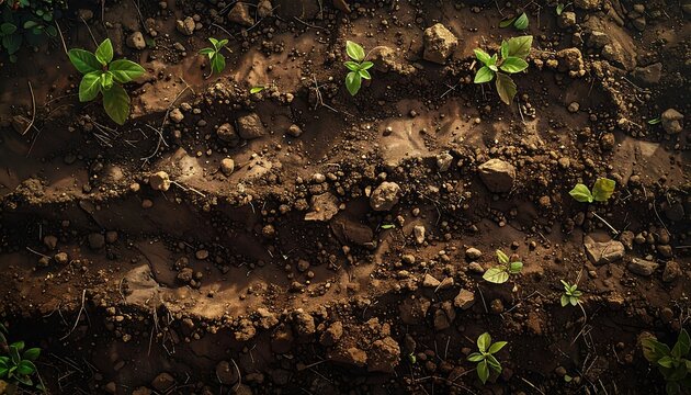 Aerial view showcasing freshly planted seeds sprouting in fertile soil landscape