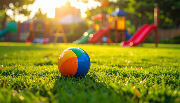 A lone soccer ball rests on a lush green grass field during a sunny summer day, ready for a competitive outdoor sports game or a fun leisure activity on the lawn