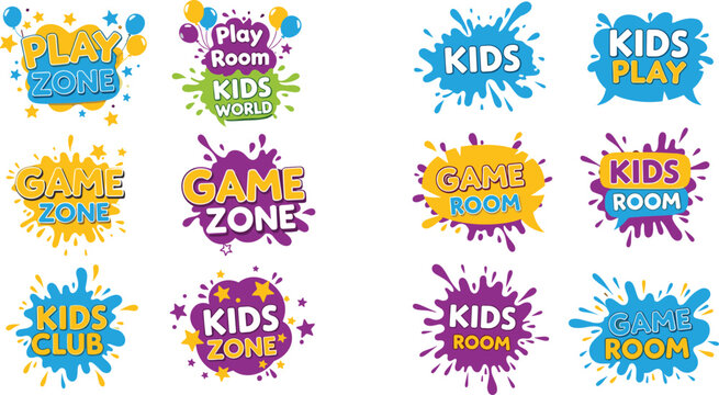 Kids Play Zone and Game Room Logo Collection Featuring Colorful Splash Badges for Children Activity Areas, Clubs and Entertainment Centers Vector Set