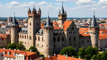 Obraz premium Aerial view of the historic castle complex surrounded by city buildings and greenery under a cloudy sky.
