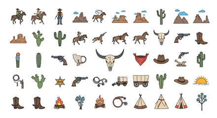 Fototapeta premium Wild West Icons: Cowboys, Horses, Cacti, and More - Vector Set