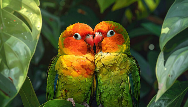 A pair of colorful red, yellow, and green macaws sit on a tropical forest branch, showcasing their exotic feathers and beaks in a beautiful display of wild nature