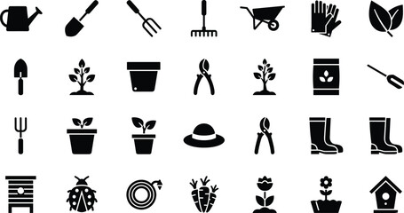 Gardening tools icons set, plant care equipment vector silhouette shovel rake watering can boots flowers garden agriculture isolated design collection © Fahim's World