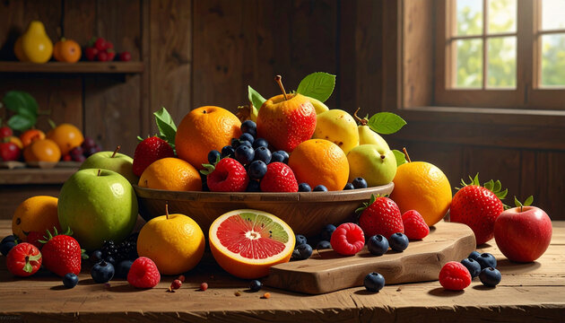 Fresh organic apples and pears with healthy fruits and vegetables like grapes and oranges are isolated in a ripe sweet food basket for a green diet