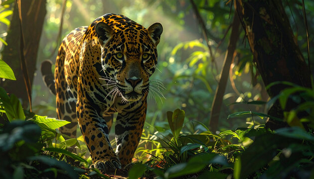 A wild spotted leopard with a majestic feline face rests in its zoo habitat, showcasing the powerful fur patterns of this large mammalian predator