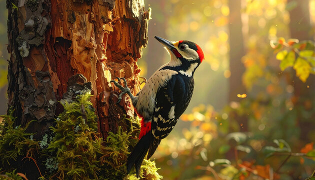 A colorful exotic toucan with a bright orange beak and black feathers perches on a tropical tree branch in the wild jungle nature