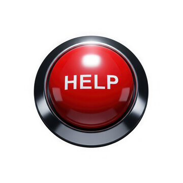 A red illuminated help button on a dark background for assistance or emergency support isolated on transparent background