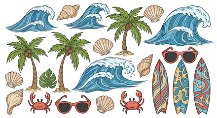 Obraz premium Tropical Beach Summer Vacation Elements: Waves, Palm Trees, Surfboards, Sunglasses, Shells, Crabs