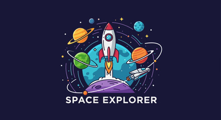 Naklejka premium Rocket Launching into Space, Planets, Stars, and Spaceship - Space Explorer