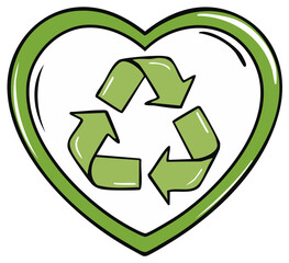 Obraz premium Recycling symbol inside green heart shape. Ecological symbol hand-drawn, isolated