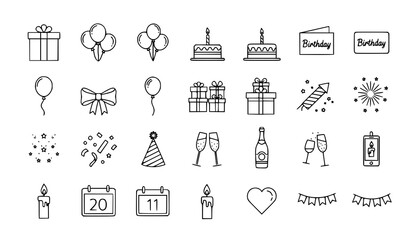 Fototapeta premium Anniversary outline icon set with gift balloons birthday cake and celebration elements for UI design
