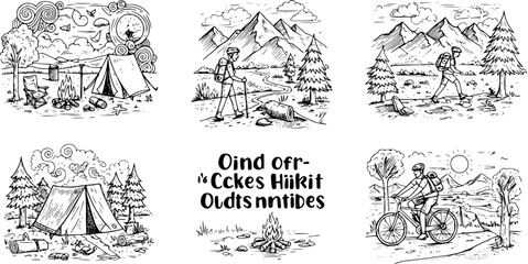 Outdoor Activities Doodle Set: Camping, Hiking, Biking and more Hand-drawn illustrations for nature, adventure, and travel themes. © naila