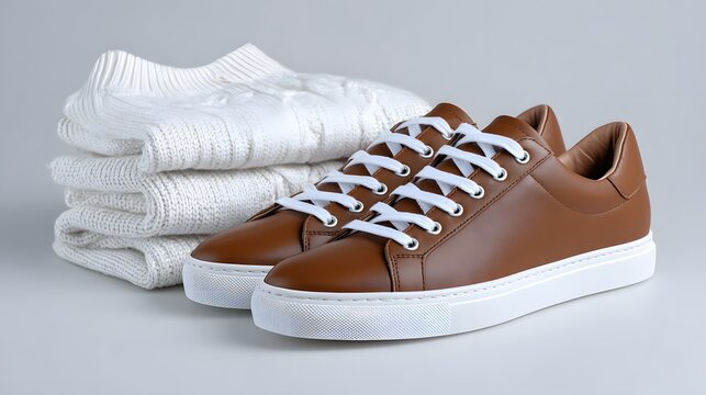 Pair of brown leather sneakers with white laces and soles placed next to a stack of folded white sweaters, suggesting casual fashion and comfort, skate shoes, tennis shoes, training shoes, worn out