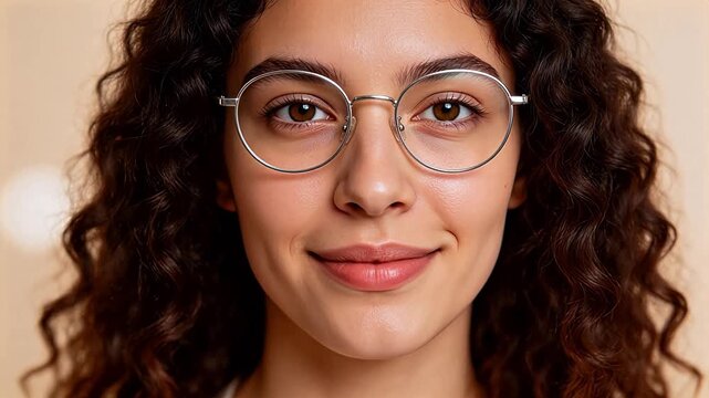 Closeup of woman with curly hair and glasses
