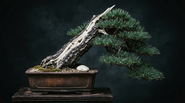 Exquisite Pine Bonsai Tree With Artistic Shari Deadwood And Sculpted Greenery Against A Dark Minimalist Background