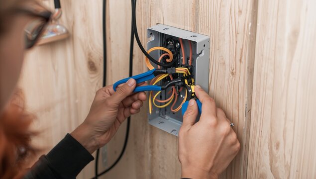 Electrician meticulously working on electrical wiring inside a junction box attached to a wooden wall, showcasing professional skill