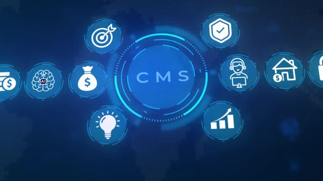 Digital infographic displaying interconnected representing business concepts like CRM customer relationship management with a central hub and surrounding for goals finance ideas security and