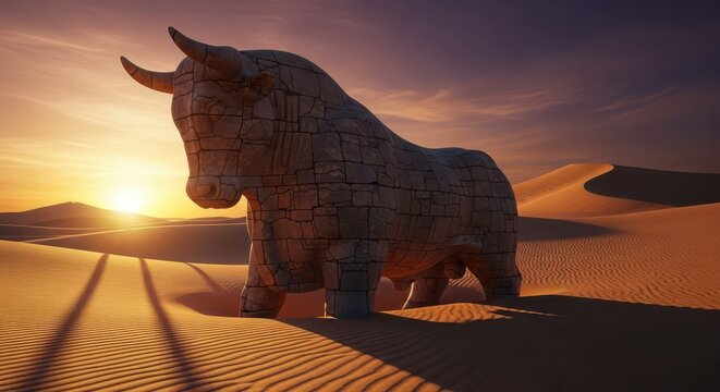 Massive ancient stone bull statue dominates a vast desert landscape during sunset