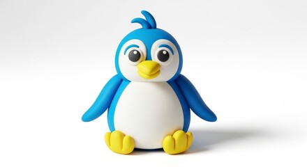 Obraz premium Cute blue clay penguin figure sitting isolated on a white background, studio shot