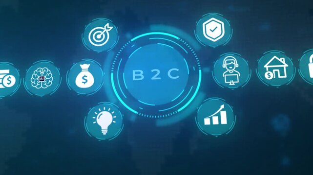 Digital infographic presenting interconnected representing business concepts like B2 B business to business with a central hub and surrounding for goals finance ideas security and growth on a dark