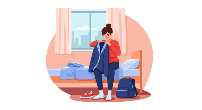 Teenager girl preparing her outfit in a bedroom, getting ready for the day