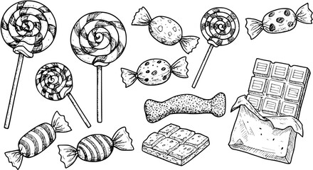 Hand-drawn black and white sketch set of various sweets, including lollipops, wrapped candies, a chocolate bar, fudge, and other confections © naila