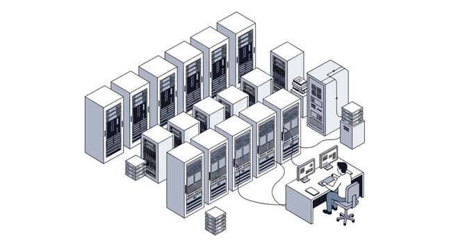 A lone person operates two computers at a desk, connected to numerous server racks arranged in an isometric data center illustration.