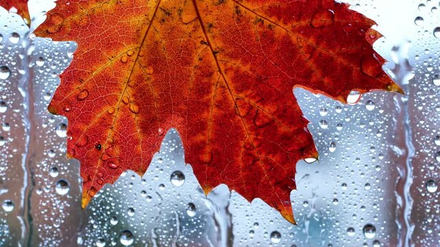A vibrant red and orange maple leaf on a wet windowpane with raindrops