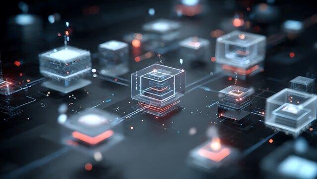 Abstract glowing digital cubes and circuits on a dark background, representing data processing and technology