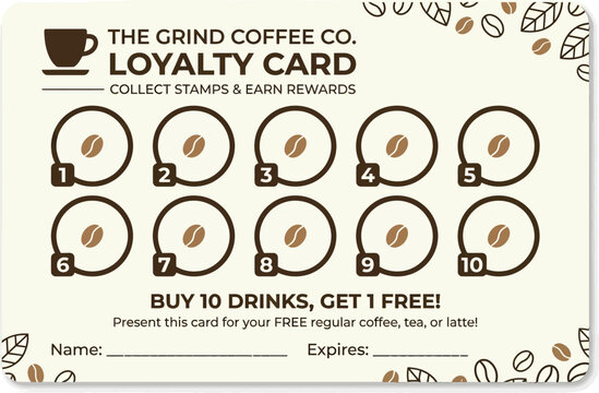 Modern customer loyalty program card design for coffee shops, featuring a clear stamp collection process to earn a free drink and encourage repeat patronage