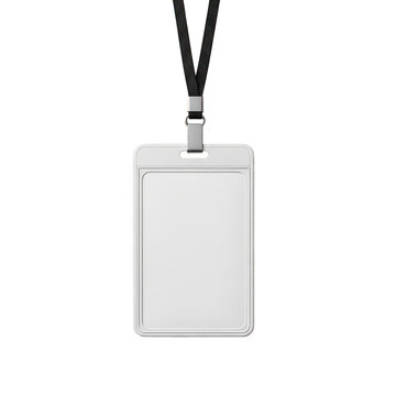Blank vertical plastic ID card holder with black neck lanyard strap, isolated on transparent cutout png.