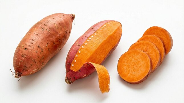 Fresh Orange Sweet Potatoes Isolated On White Background With Slices And Peeled Skin