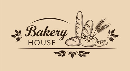 Obraz premium Bakery House Vector Illustration - A Delicious Collection of Bread and Wheat Art