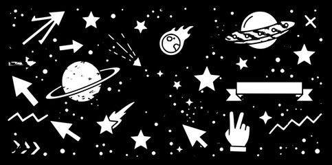 Black and white grunge space doodle illustration with planets, stars, comet, UFO, arrows, and abstract shapes, perfect for cosmic designs. © naila