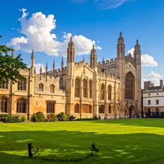Fototapeta premium A large, historic stone building with towers and arched windows on a green lawn