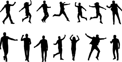 Fototapeta premium Collection of black silhouettes of diverse people in various dynamic poses, jumping, dancing, and celebrating with joy and energy.